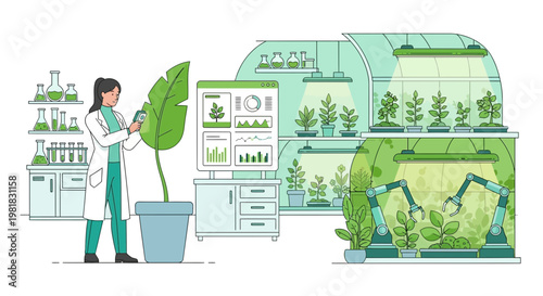 Scientist examining a large plant in a laboratory setting.