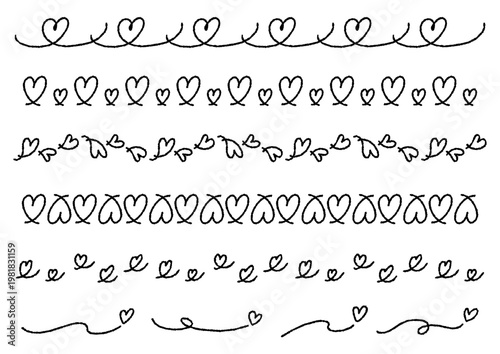 ハート模様の手書きの区切り線のセット（デコボコの線）