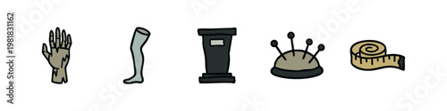Tailoring and Sewing Equipment Icons with Pin Cushion Measuring Tape and Models