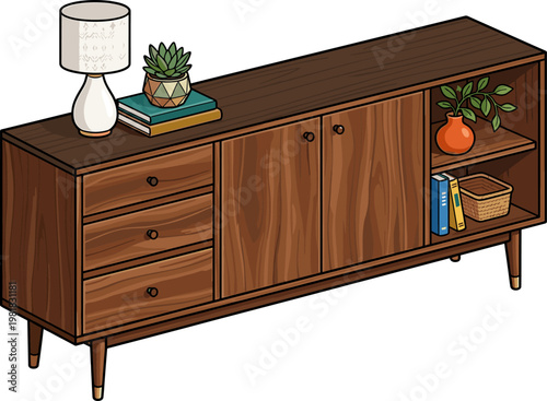 Mid-century modern wooden sideboard with drawers and decor