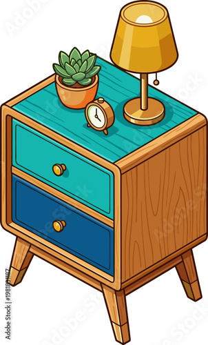 Mid-century modern nightstand with lamp and alarm clock on top