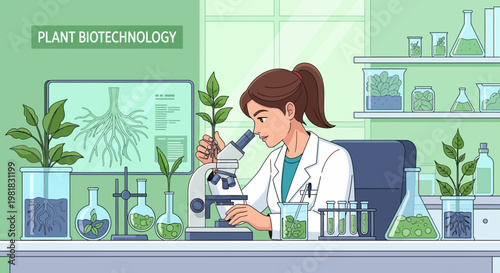 Scientist examining plant in biotechnology laboratory.