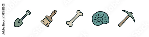 Archaeology and Paleontology Tool Icons Set featuring Shovel Brush Bone Fossil and Pickaxe