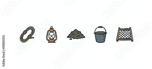 Exploration and Digging Equipment Icons Set with Rope Lantern Dirt Bucket and Sieve