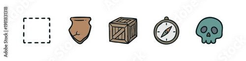Lost Treasure and Historical Artifacts Icons Set with Map Potter Crate Compass and Skull