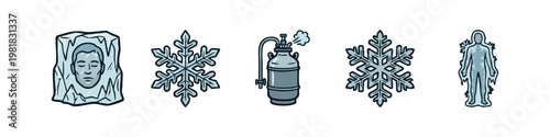 Cryogenics and Extreme Cold Icons Set featuring Frozen Face Snowflake and Nitrogen Tank