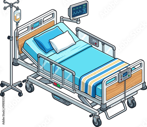 Modern hospital bed with medical monitor and iv drip stand