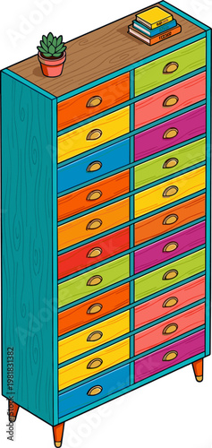 Multi-colored wooden dresser with many drawers and a small plant