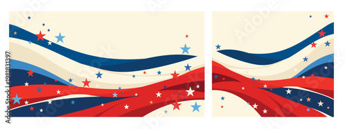 July 4th Independence Day. Set of vector banners featuring flowing red, white, blue waves, stars on a white background. For patriotic posters, social media graphics, holiday promotions. Modern design
