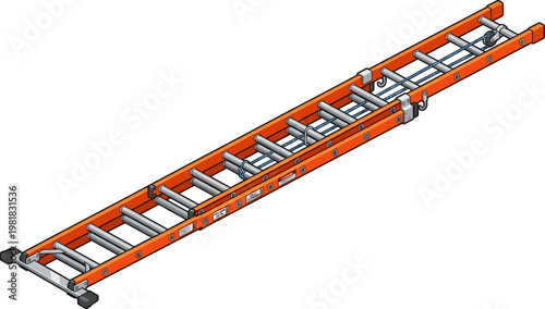Orange fiberglass extension ladder for high altitude construction work