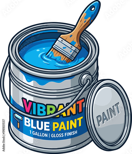 Open paint can with brush dipped in vibrant blue paint