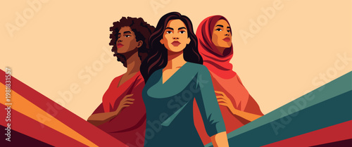 Vector horizontal abstract banner for Women's Day. Confident women different cultures, skin colors, nationalities look up. For movement for gender equality, women's empowerment, diversity, feminism
