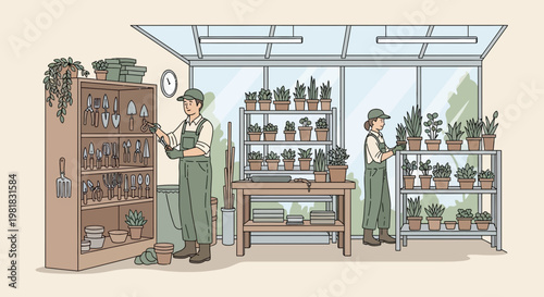 Two gardeners tending to plants inside a greenhouse.