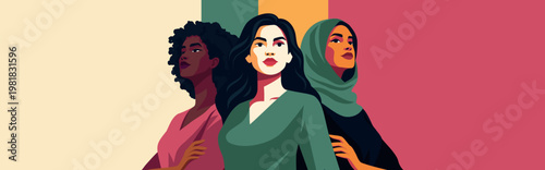 Vector horizontal abstract banner for Women's Day. Confident women different cultures, skin colors, nationalities look up. For movement for women's empowerment, gender equality, diversity, feminism