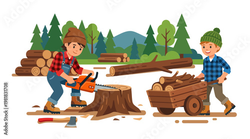 Young lumberjacks diligently cutting and stacking timber in a lush forest, illustrating teamwork and productive outdoor work