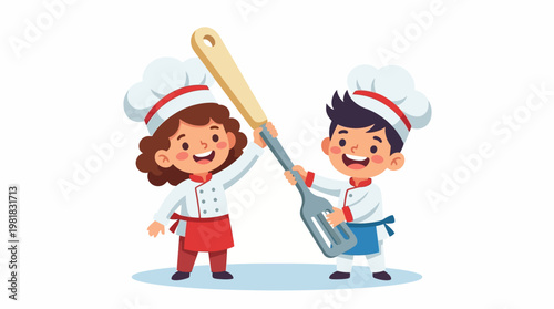 Two happy cartoon chefs, a boy and a girl, wearing chef hats and aprons, enthusiastically hold a large spatula, celebrating their culinary skills and passion for cooking