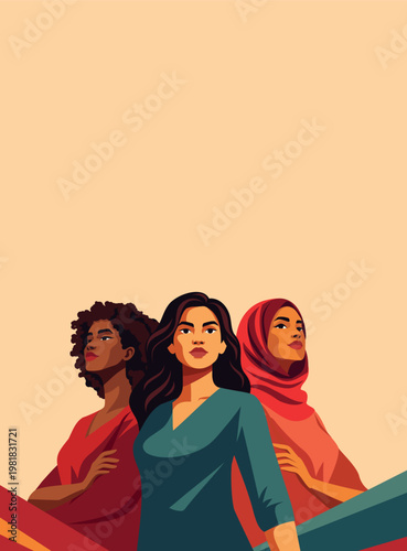 Vector vertical abstract banner for Women's Day. Confident women of different cultures, skin colors, nationalities look up. For movement for women's empowerment, gender equality, diversity, feminism