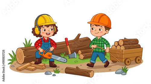 Cheerful cartoon children loggers a girl using a chainsaw and a boy hauling wood in a cart, depicting teamwork and playful timber industry activities