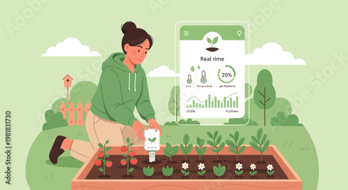 Woman tending to a smart garden with a mobile app interface.