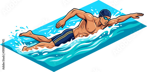 Professional male athlete swimming freestyle stroke in blue pool water illustration