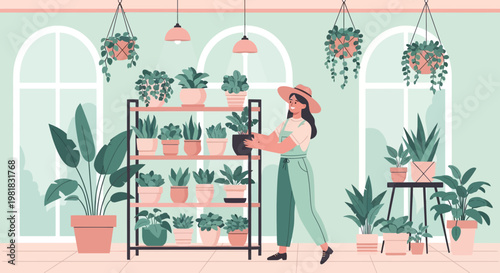 Woman tending to houseplants in a bright greenhouse setting.