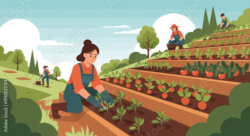 Woman tending to plants in a garden on a sunny day.