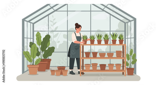 Woman tending to plants in a greenhouse 1.