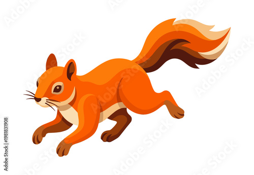 Red squirrel jumping forward in a dynamic running pose