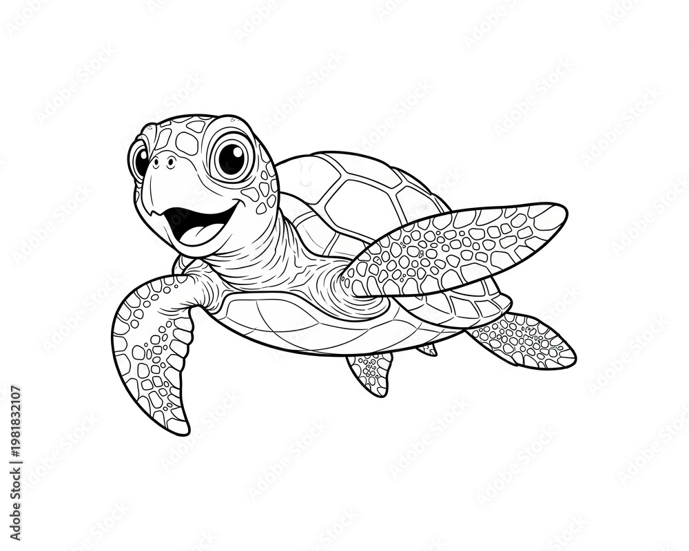 Fototapeta premium Smiling cartoon sea turtle waving flipper underwater with coral and seaweed