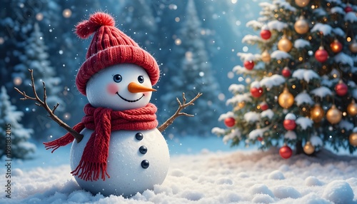 Cute Snowman with Red Hat and Scarf in Snowy Winter Forest, Christmas Holiday Scene, Festive Background
