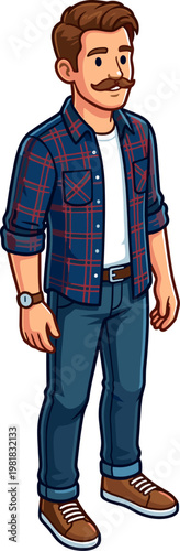 Stylish man with mustache wearing blue plaid flannel shirt