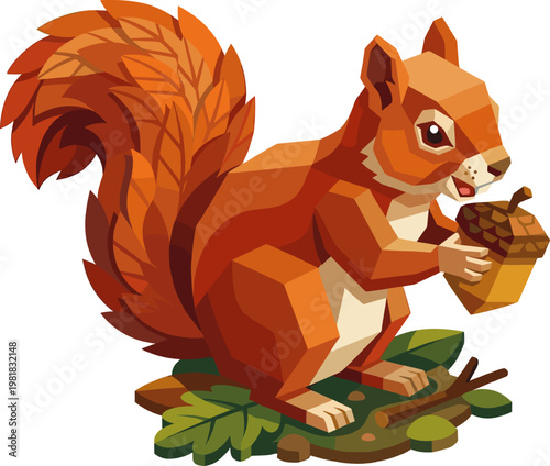 Stylized squirrel holding an acorn on autumn leaves