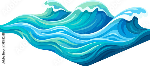Stylized blue ocean waves with foam and spray