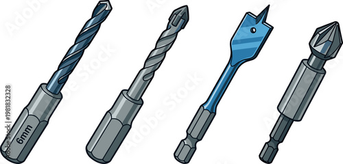 Various types of metal drill bits for construction and woodworking