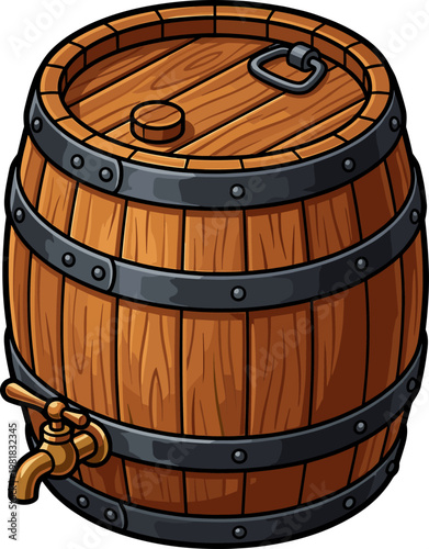 Traditional wooden oak barrel with metal hoops and brass dispensing tap
