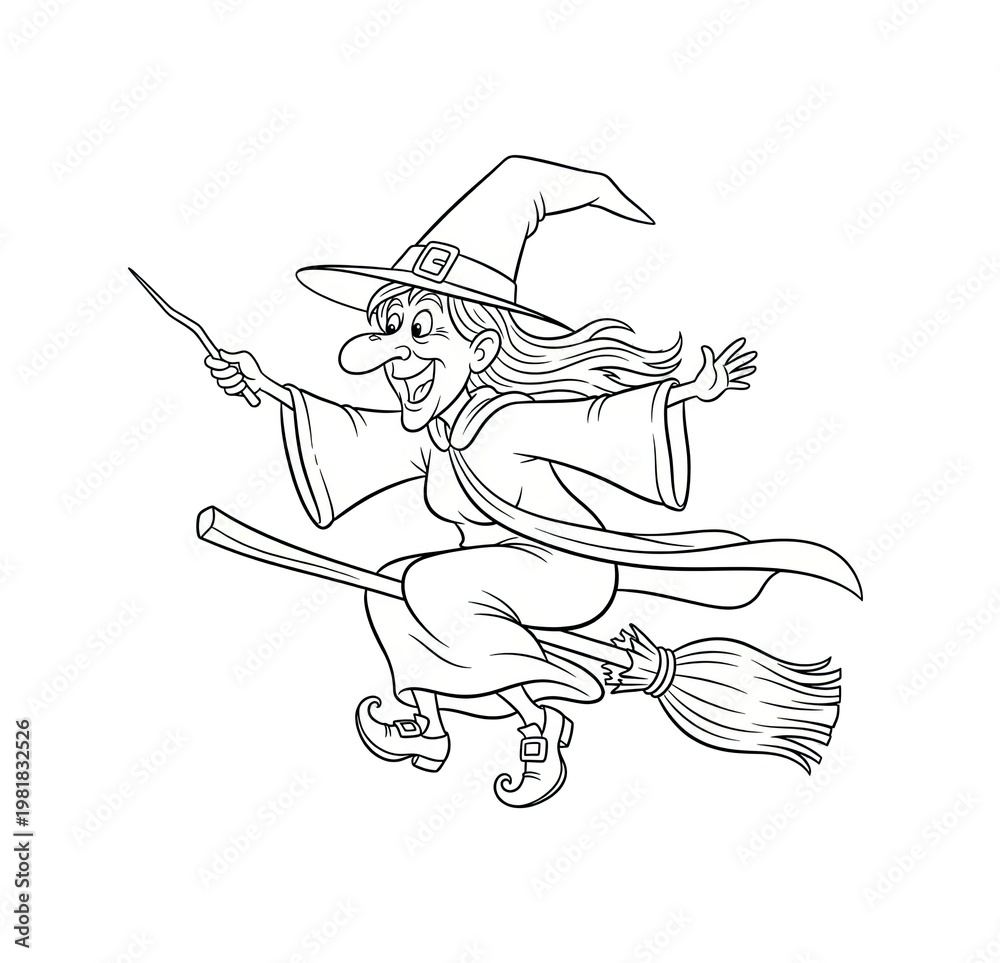 Fototapeta premium Witch on a broomstick flying with a magic wand and bubbly potion