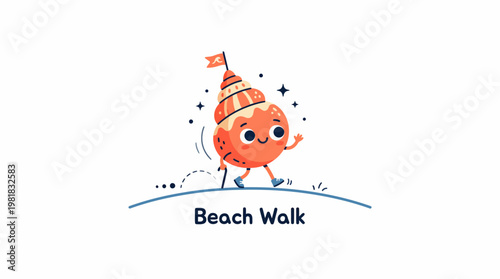 A charming cartoon snail wearing a party hat takes a delightful walk along a sandy beach, adorned with a small flag on its antennae