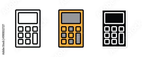 Calculator icon for financial math accounting tax calculation and budget planning in three design variations