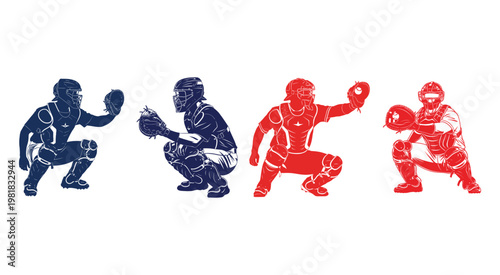 Set of four stylized baseball catchers in blue and red outline silhouettes in a crouching defensive game position