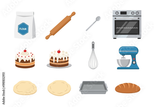 Baking ingredients and kitchen tools icons.