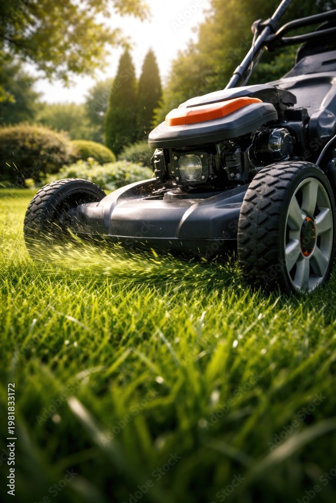 Naklejka premium Lawnmower cutting grass in sunlight.