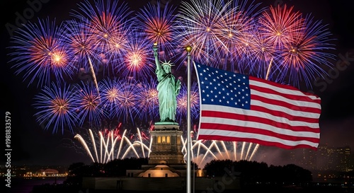 Statue of liberty with american flag waving and vibrant fireworks exploding at night in new york city celebrating freedom and patriotism