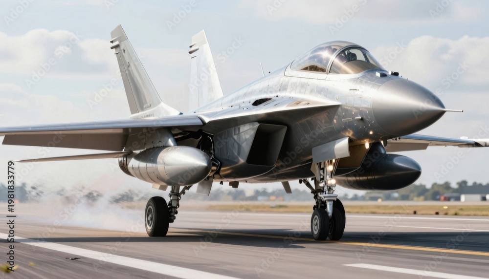 Fototapeta premium Military fighter jet taxiing on runway at airbase under clear sky with landing gear deployed