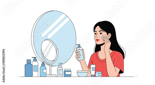 Beautiful young woman performing her skincare routine in front of a mirror with several beauty products on the counter.