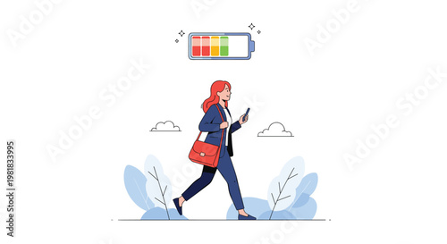 Professional woman in a blue suit walking and using her phone with a battery level indicator floating above her.