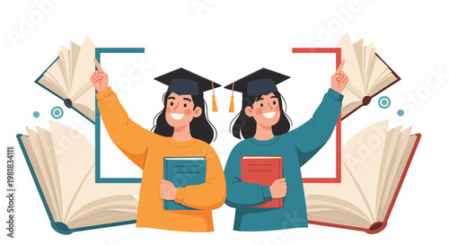Two happy female graduates in caps and gowns holding books and pointing upwards towards their future career goals and success.