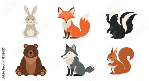 Set of cute woodland animal characters including a rabbit, fox, skunk, bear, wolf, and squirrel for kids educational material.
