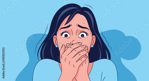 Young woman looking terrified and covering her mouth with her hands expressing fear, shock, or anxiety on a blue background.