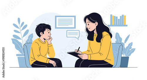 Young child talking to a female therapist or school counselor who is taking notes during a mental health session.