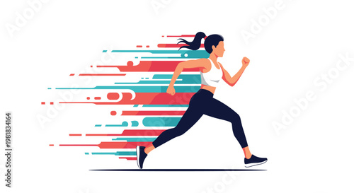 Athletic young woman running fast with dynamic speed lines behind her representing fitness, exercise, and active lifestyle.